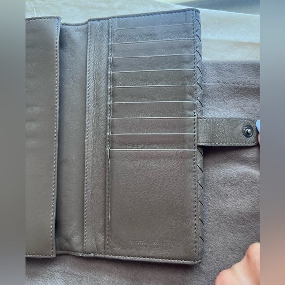 EUC Bottega Veneta Intrecciato Snap Long Leather Wallet Brown Grey Color - Picture 6 of 12